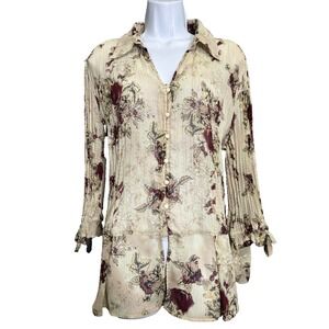 Lloyd Williams Womens XL Sheer Pleated Button Up Blouse Y2K 90s Romantic Floral